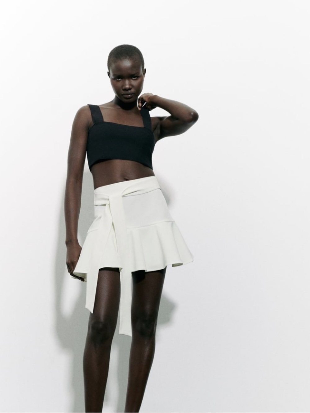 Zara White Wrap Ruffle Skater Skirt